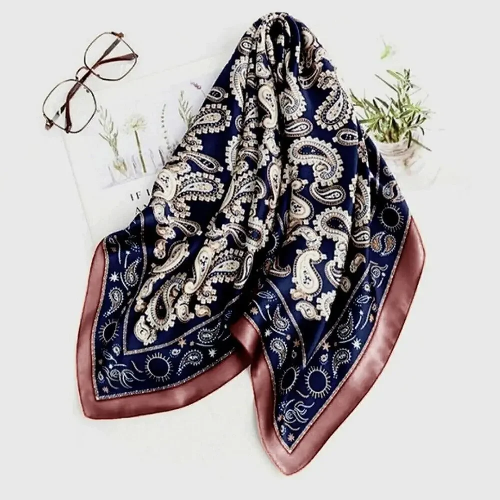 Women's Fashion Satin Blue Mulberry Printing Silky Scarf